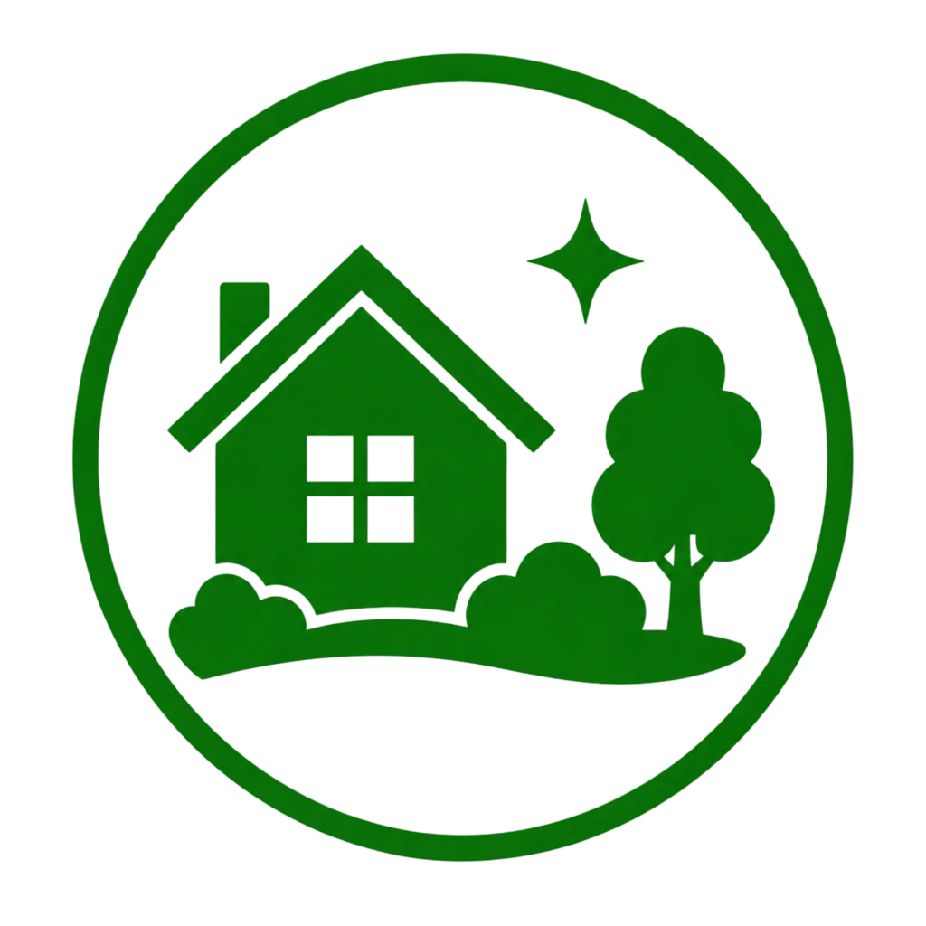 A green house surrounded by trees under a starry sky, enhancing the overall curb appeal of the property.