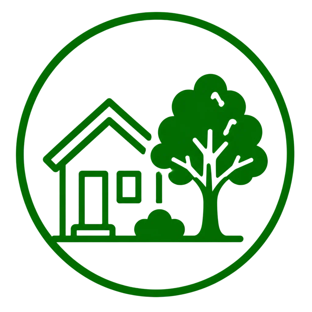 A circular image featuring a green house and a tree, symbolizing enhanced curb appeal and inviting outdoor aesthetics.