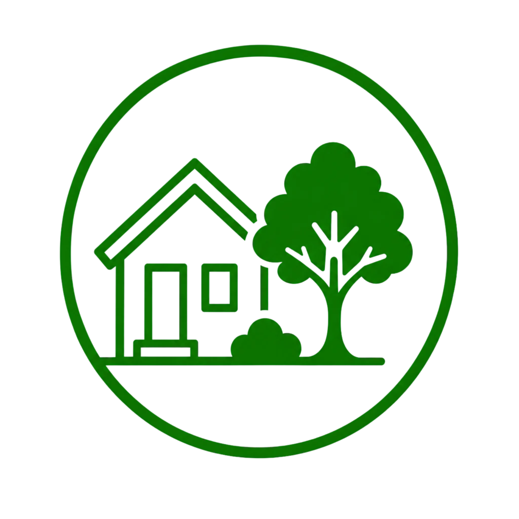 A circular image featuring a green house and a tree, symbolizing enhanced property appearance and landscaping.