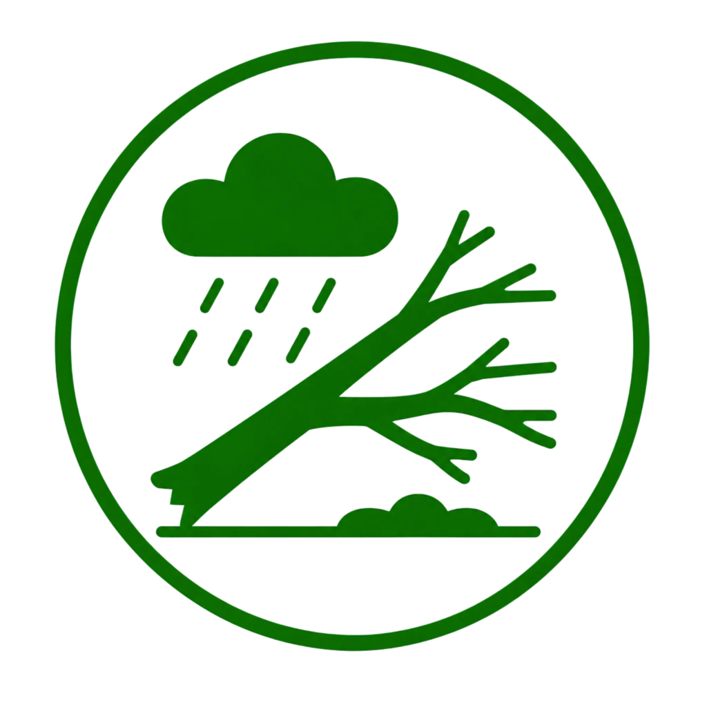 Green and white logo featuring a tree with raindrops, symbolizing storm cleanup efforts.