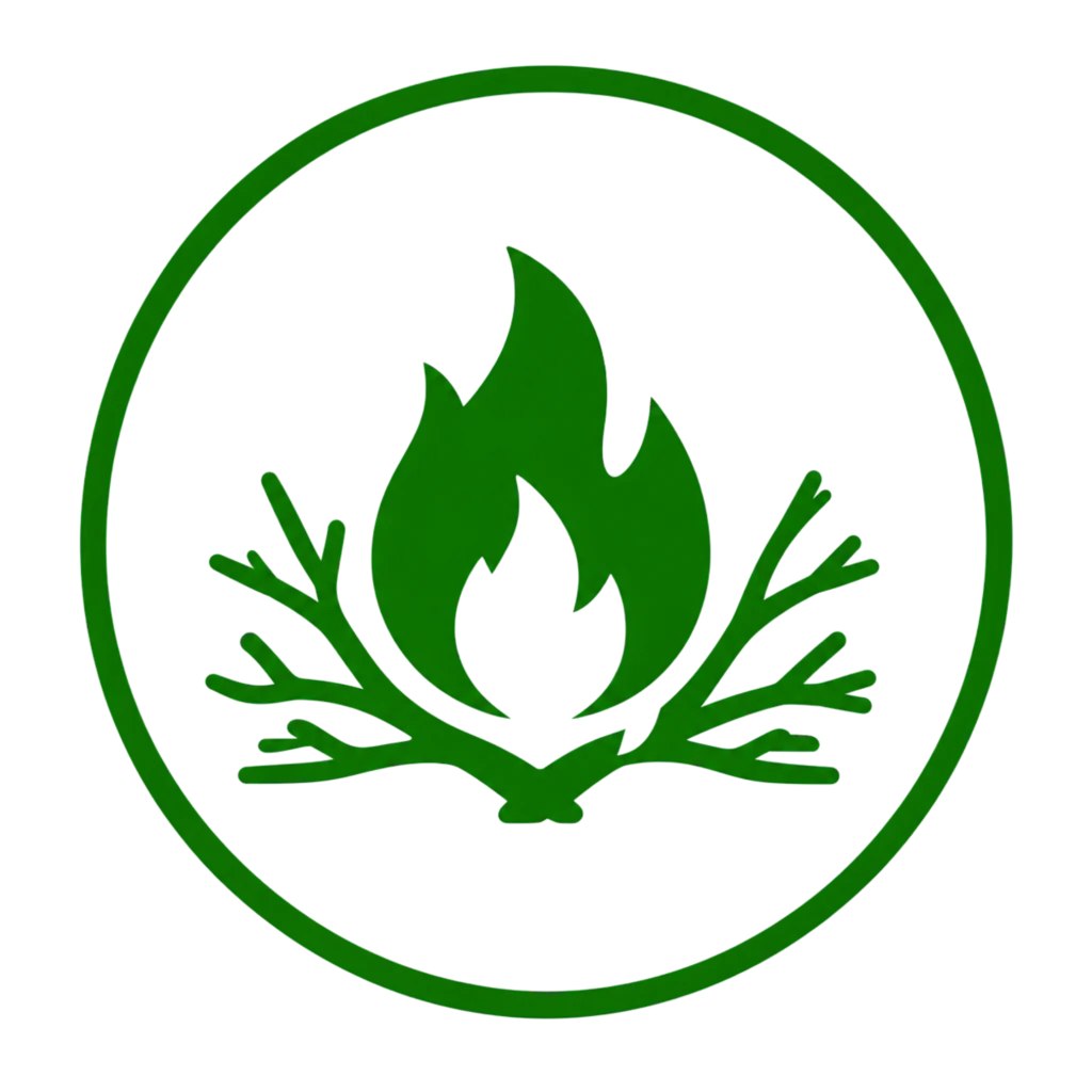 Green fire and branches logo on a white background, symbolizing fire hazard prevention and safety awareness.