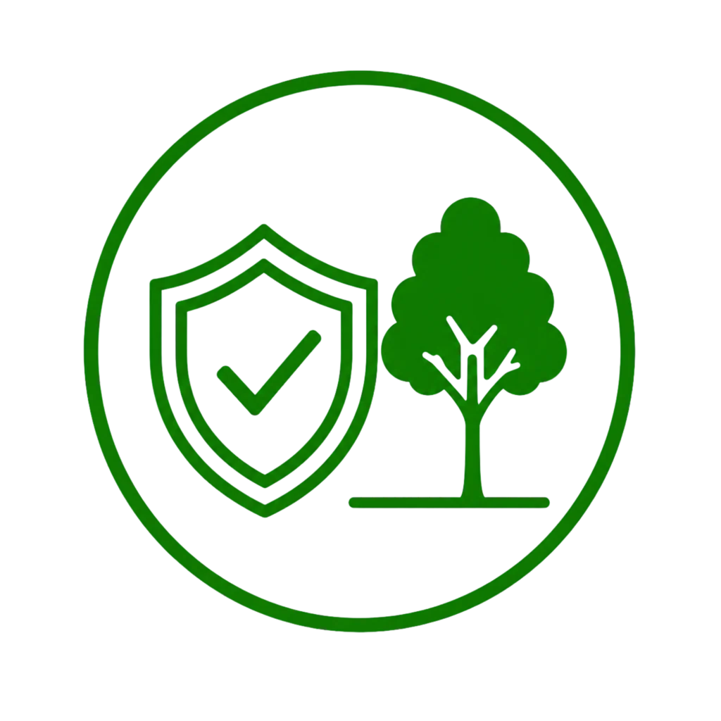Green shield featuring a tree and check mark, symbolizing enhanced property safety and environmental protection.