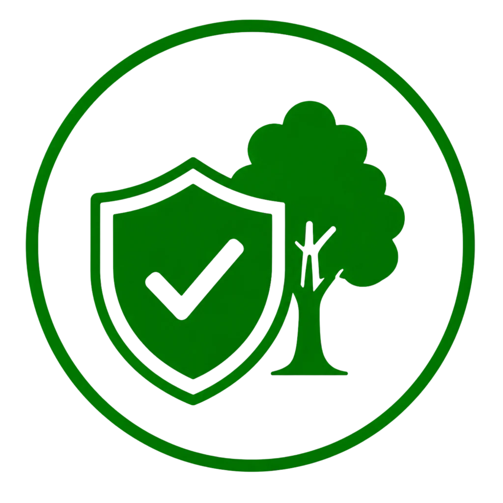 Green shield featuring a tree and check mark, symbolizing enhanced property safety and environmental protection.