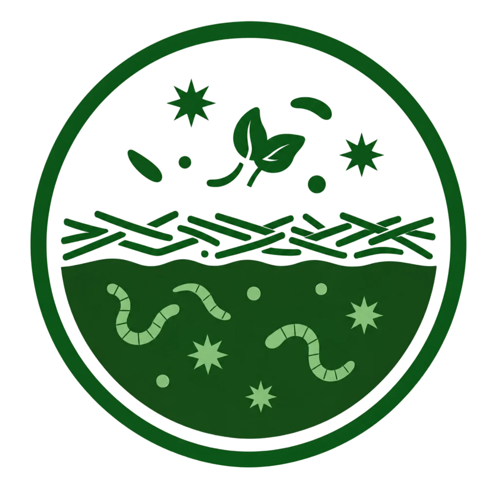 Green and white logo featuring a plant and worms, symbolizing improved soil quality over time.