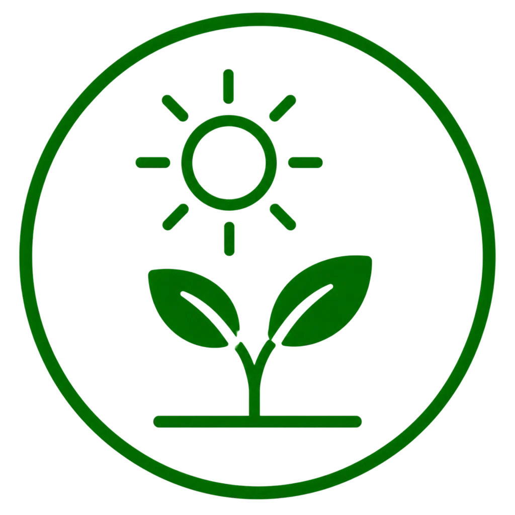 A green sun icon above a plant, both enclosed in a circular design, symbolizing enhanced sunlight exposure for growth.