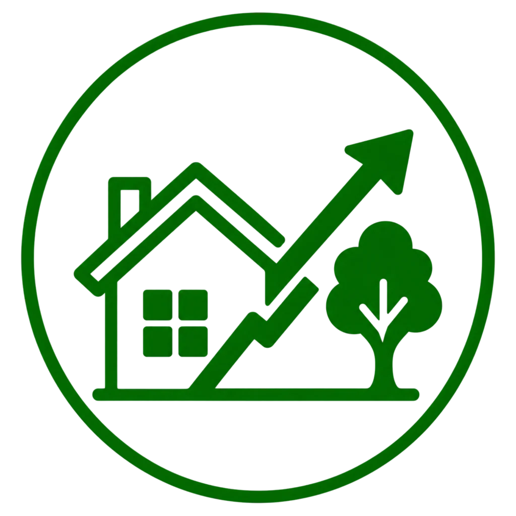 A green house with a tree beside it and an upward arrow, symbolizing an increase in property value.
