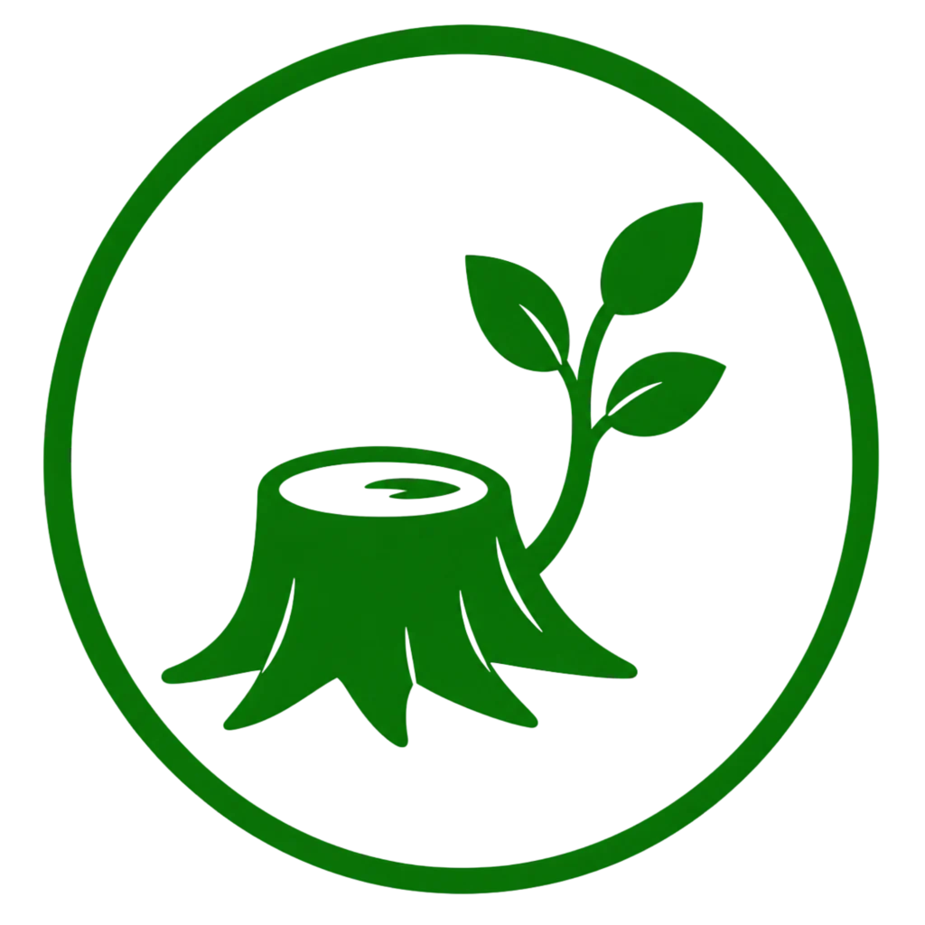 A green tree stump surrounded by a circle of leaves, illustrating a method to prevent unwanted tree growth.