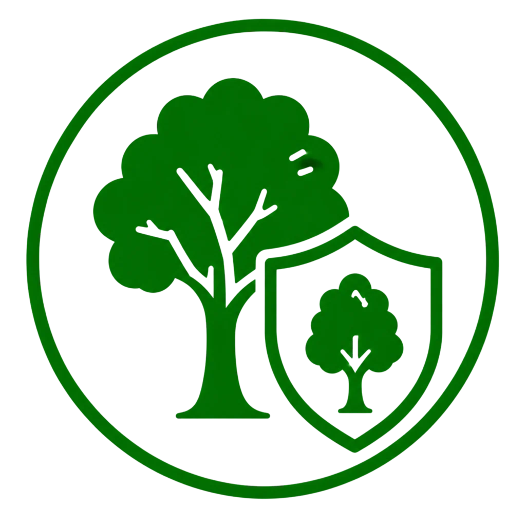 Green logo featuring a tree enclosed within a shield, symbolizing protection for healthy trees.