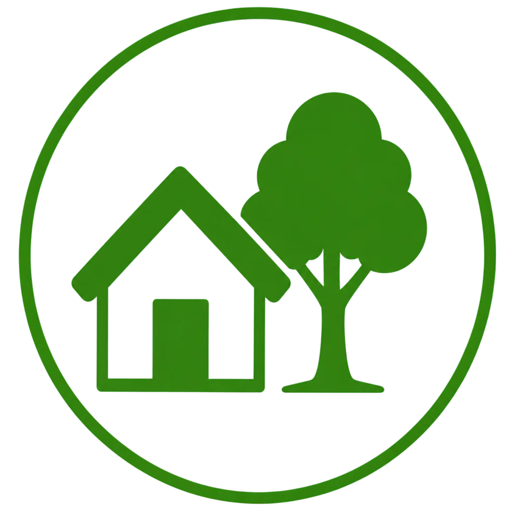 A green house and tree enclosed in a circular design, symbolizing property protection and environmental harmony.
