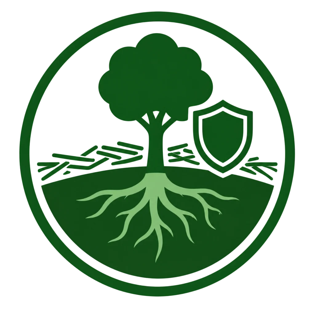 Logo featuring a green tree enclosed by a shield, symbolizing protection for tree roots and environmental conservation.