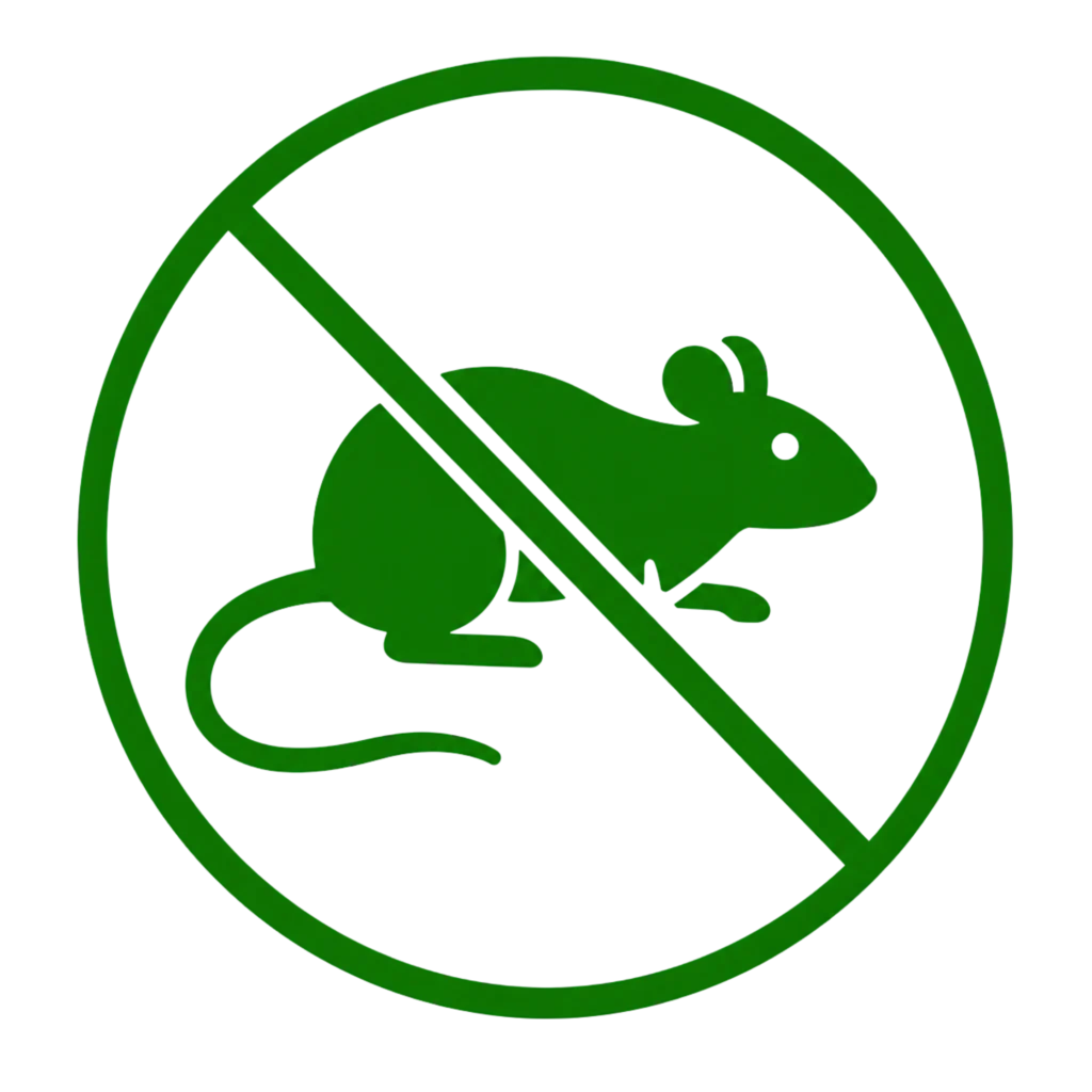 Green sign featuring a mouse icon within a circle, indicating a reduction in pest activity.