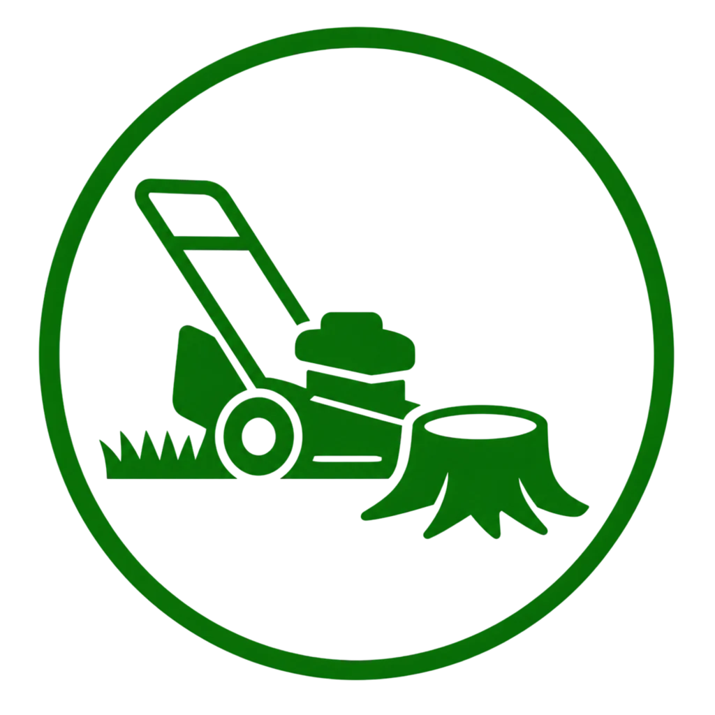 A green lawn mower positioned next to a tree stump on a well-maintained lawn, illustrating simplified lawn care.