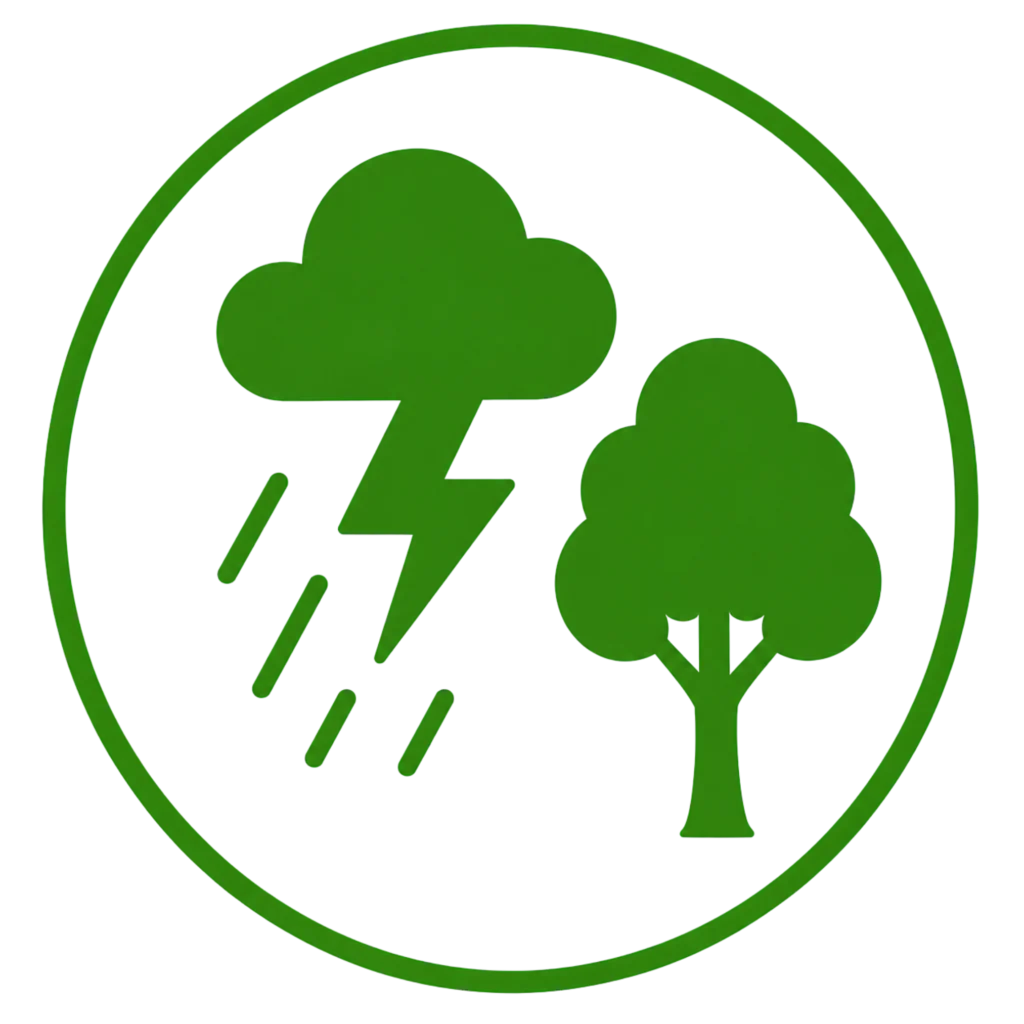 Green circle featuring a tree and a lightning bolt, symbolizing storm preparedness and environmental awareness.