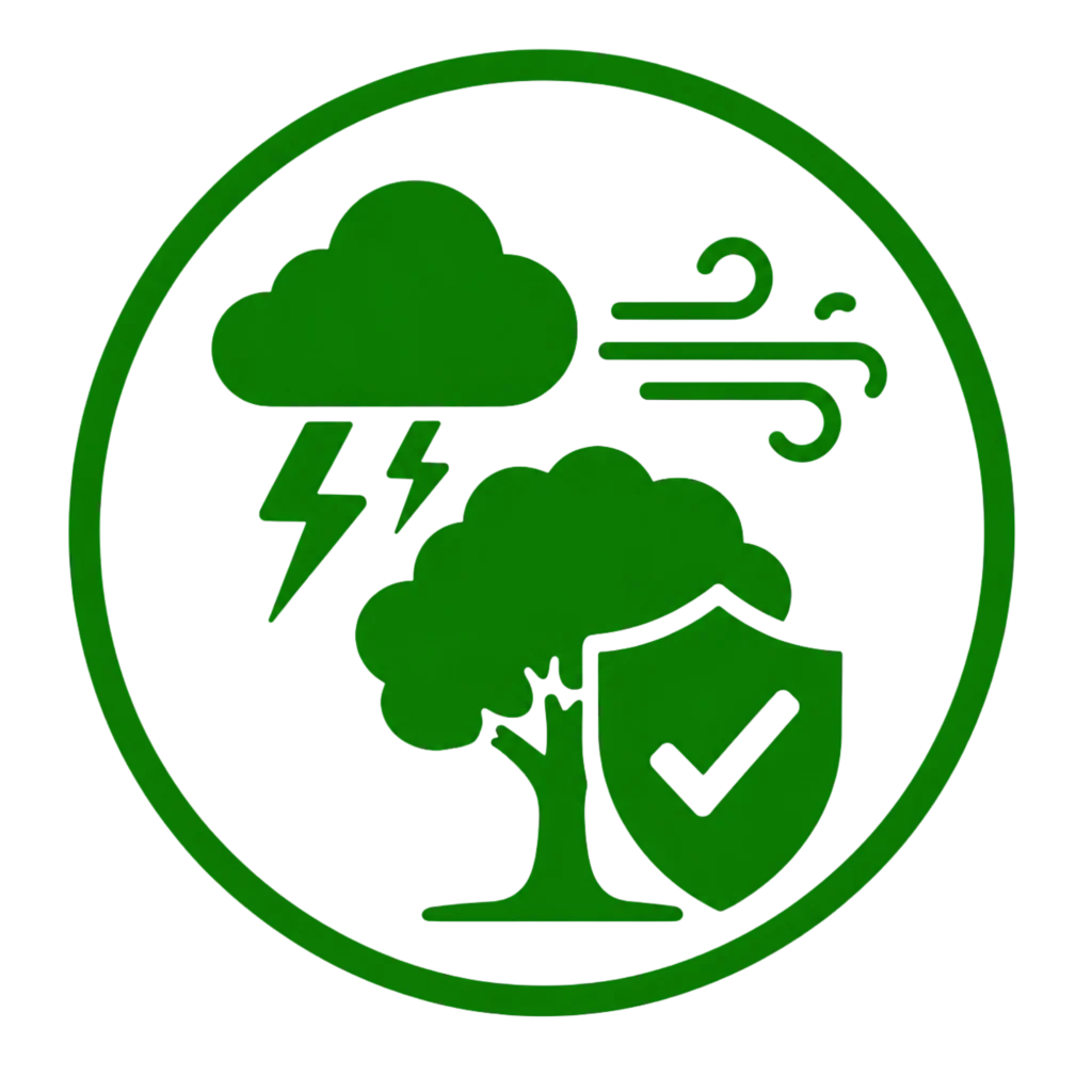 Green and white logo featuring a tree and lightning, symbolizing assistance with storm preparation.
