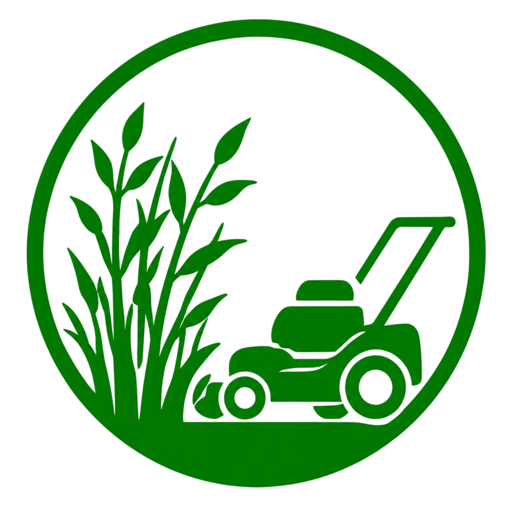A green lawn mower positioned on a grassy area, indicating maintenance of overgrown vegetation.