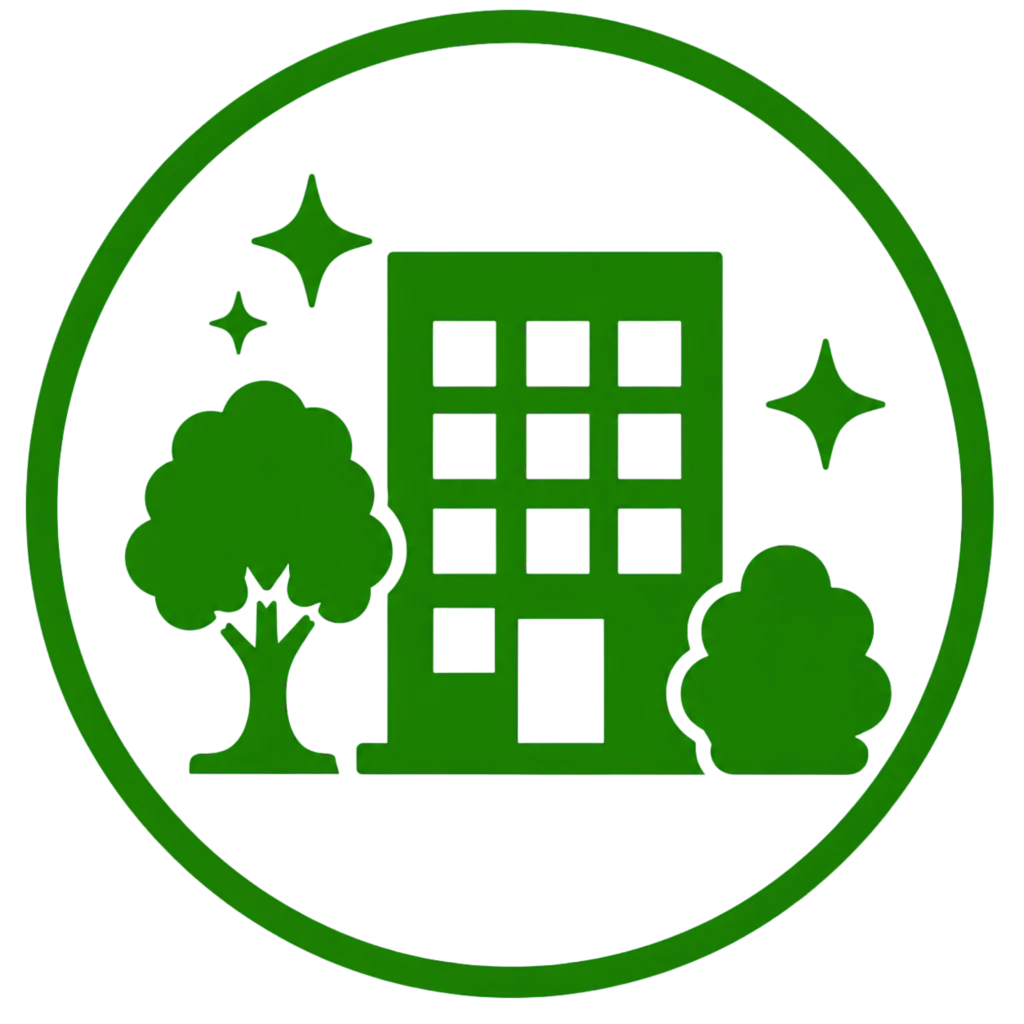 A green building surrounded by trees, with stars encircling it, symbolizing enhanced commercial property appearance.