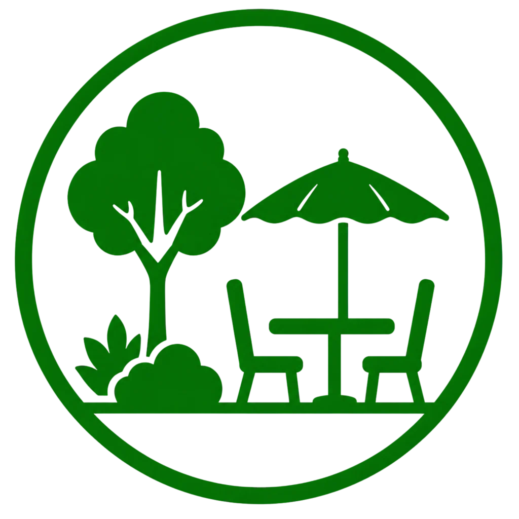 Green logo featuring a table and chairs, symbolizing enhanced outdoor living spaces.