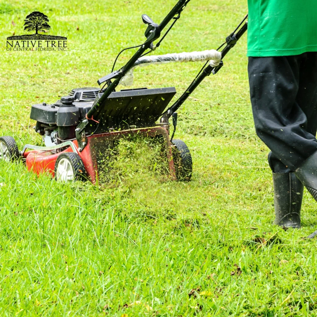 A man using a lawn mower to cut grass in a well-maintained field.