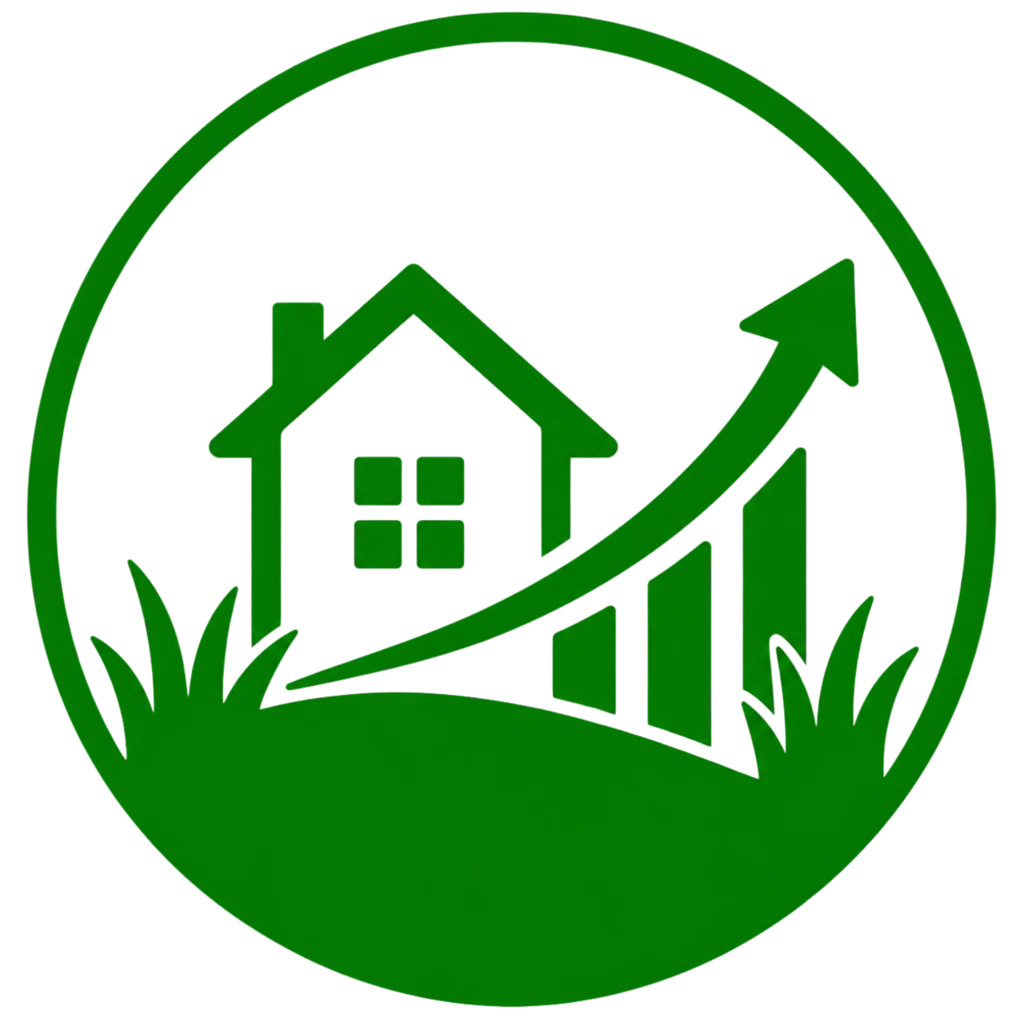 Green house logo with an upward arrow, symbolizing property value appreciation and maintenance.