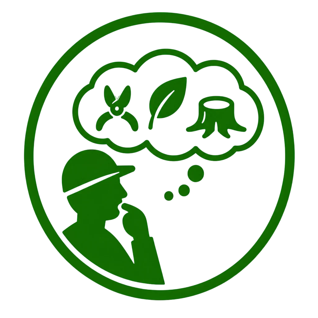 Green and white logo featuring a man contemplating trees, symbolizing informed decision-making in environmental matters.