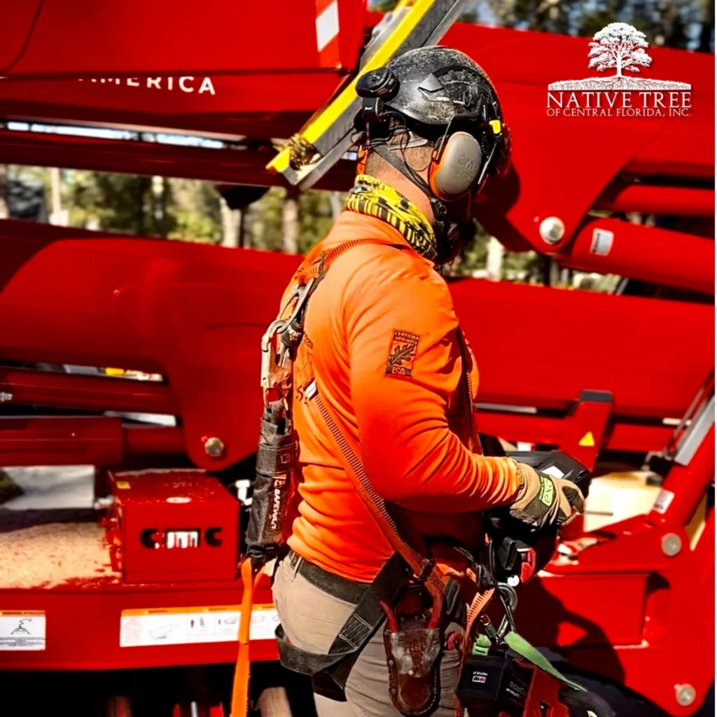 A man in an orange shirt and safety glasses stands beside a red truck, ready for an ISA-certified arborist consultation.