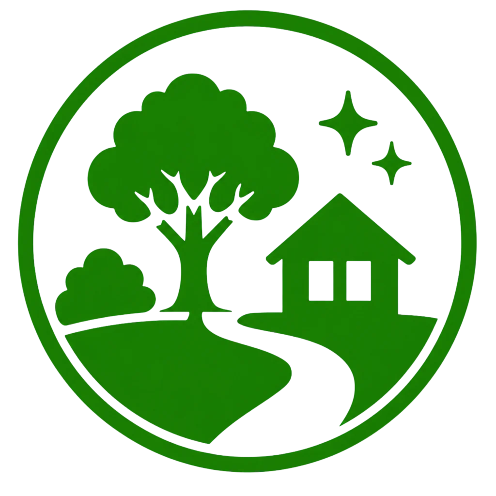 A circular image featuring a green house and a tree, enhancing the overall curb appeal of the property.