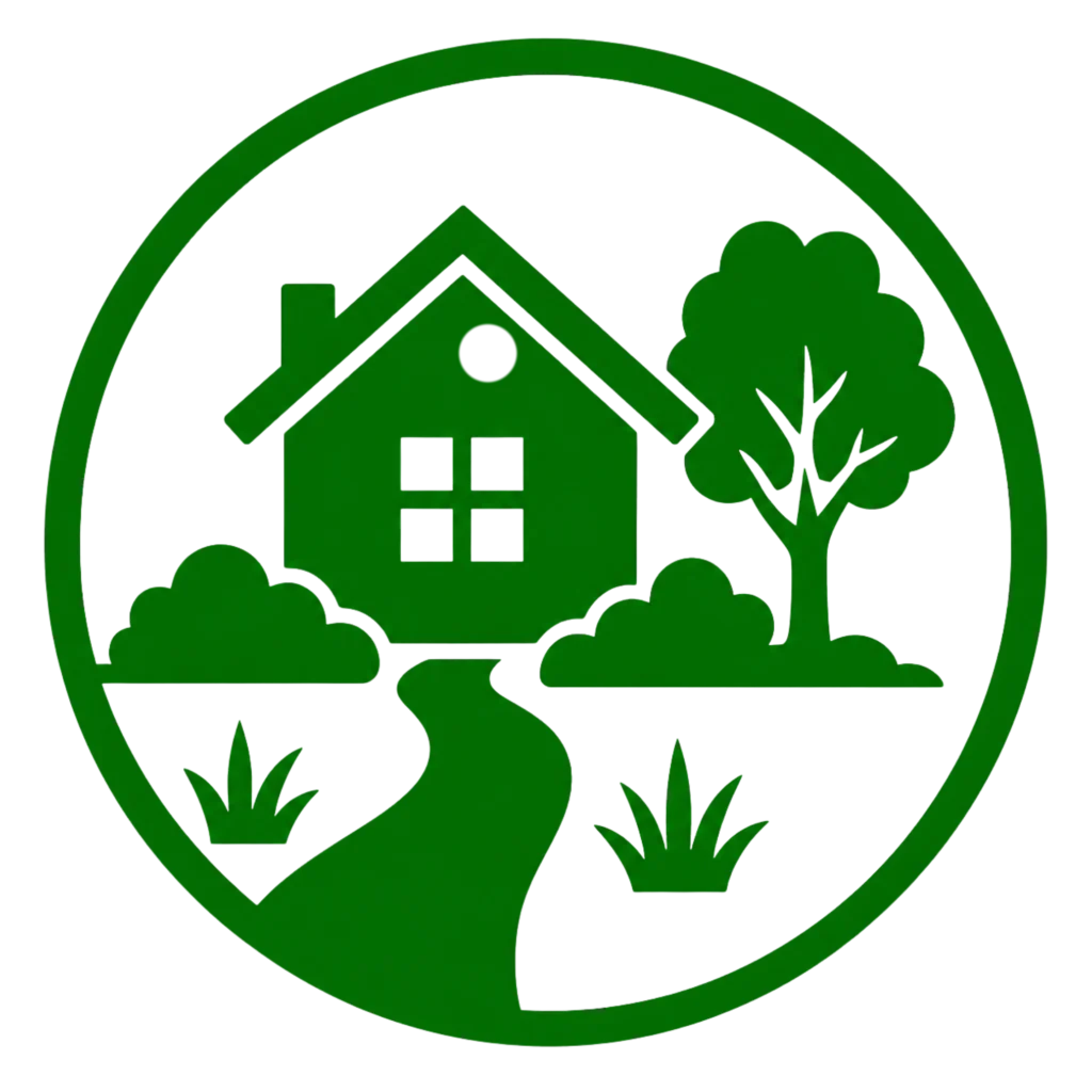 A green house surrounded by trees in a circular arrangement, enhancing the property's curb appeal.
