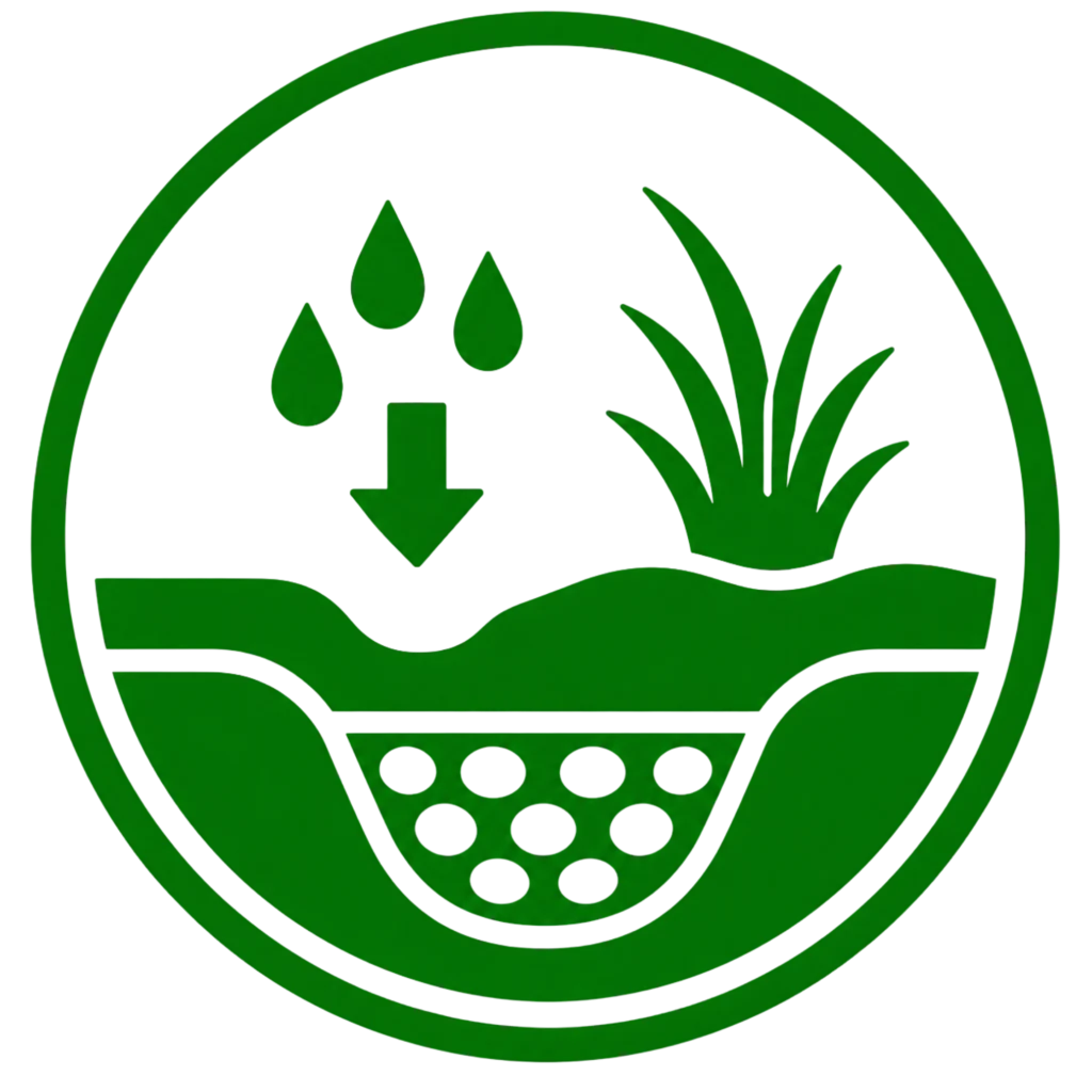 Green circle featuring a water drop and grass, symbolizing improved drainage and enhanced soil health.