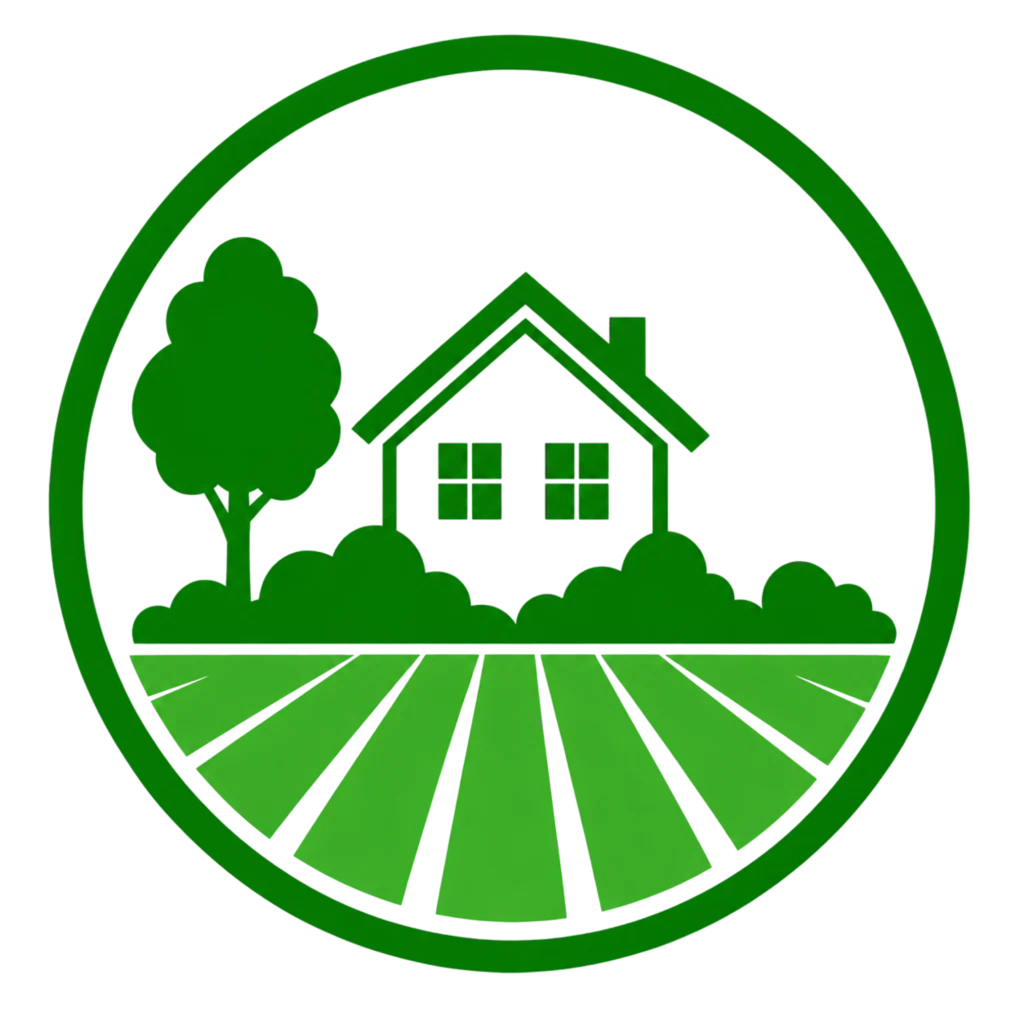 A house surrounded by a lush green field and trees, enhancing the property's overall appearance and natural beauty.