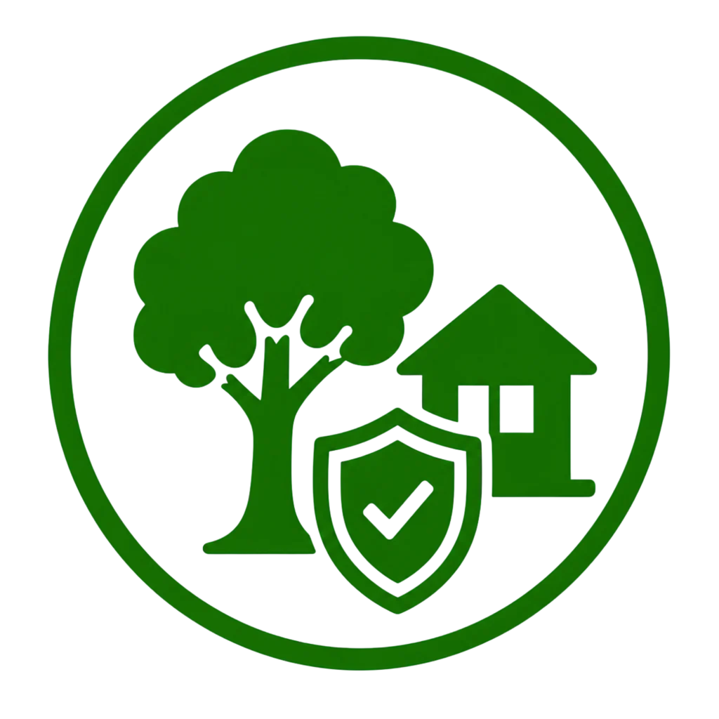 Green and white logo featuring a house and tree, symbolizing peace of mind and tranquility in home living.