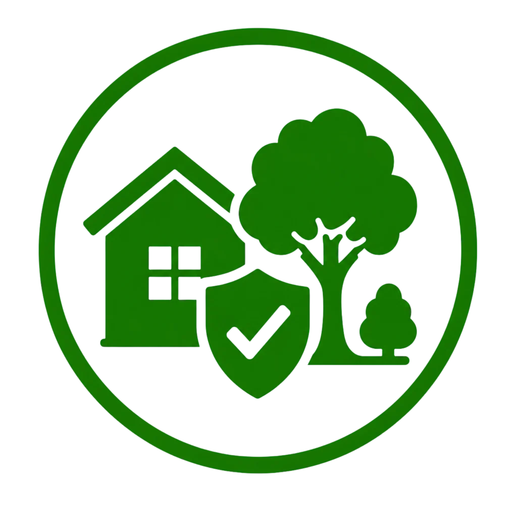 A green house beside a tree, featuring a prominent check mark symbolizing improved property safety.