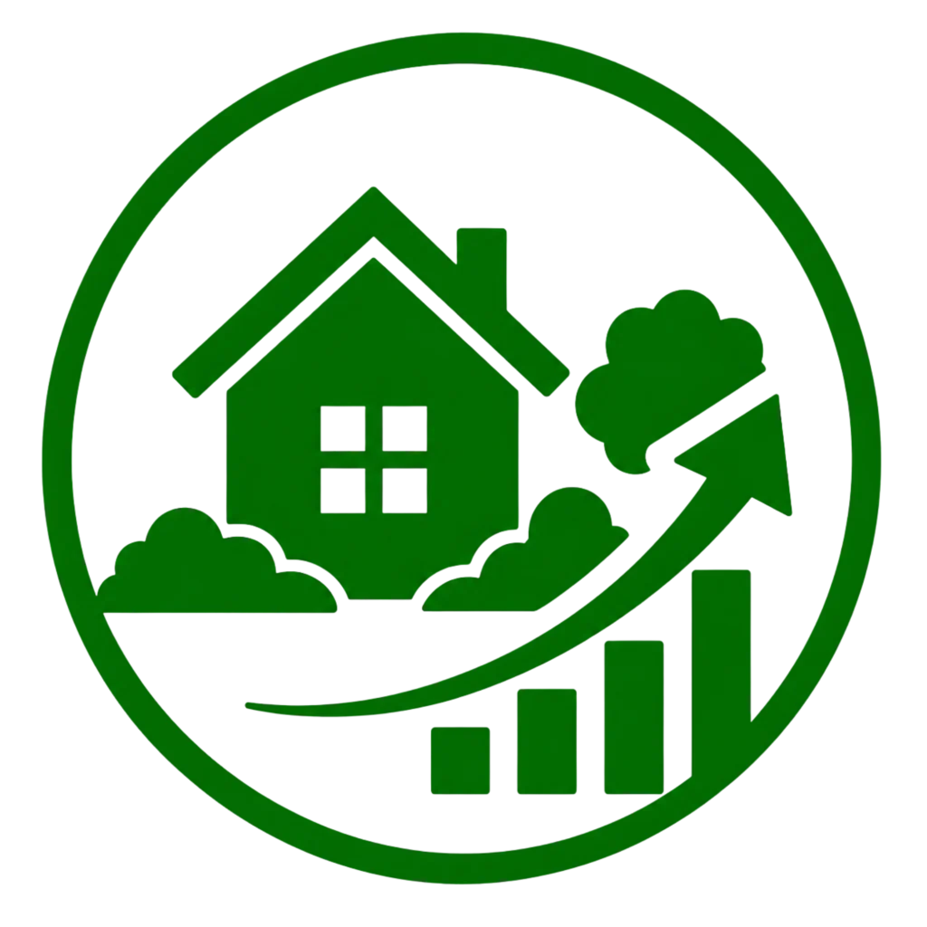 Green house illustration with an upward arrow and a smaller house on top, symbolizing increased property value.