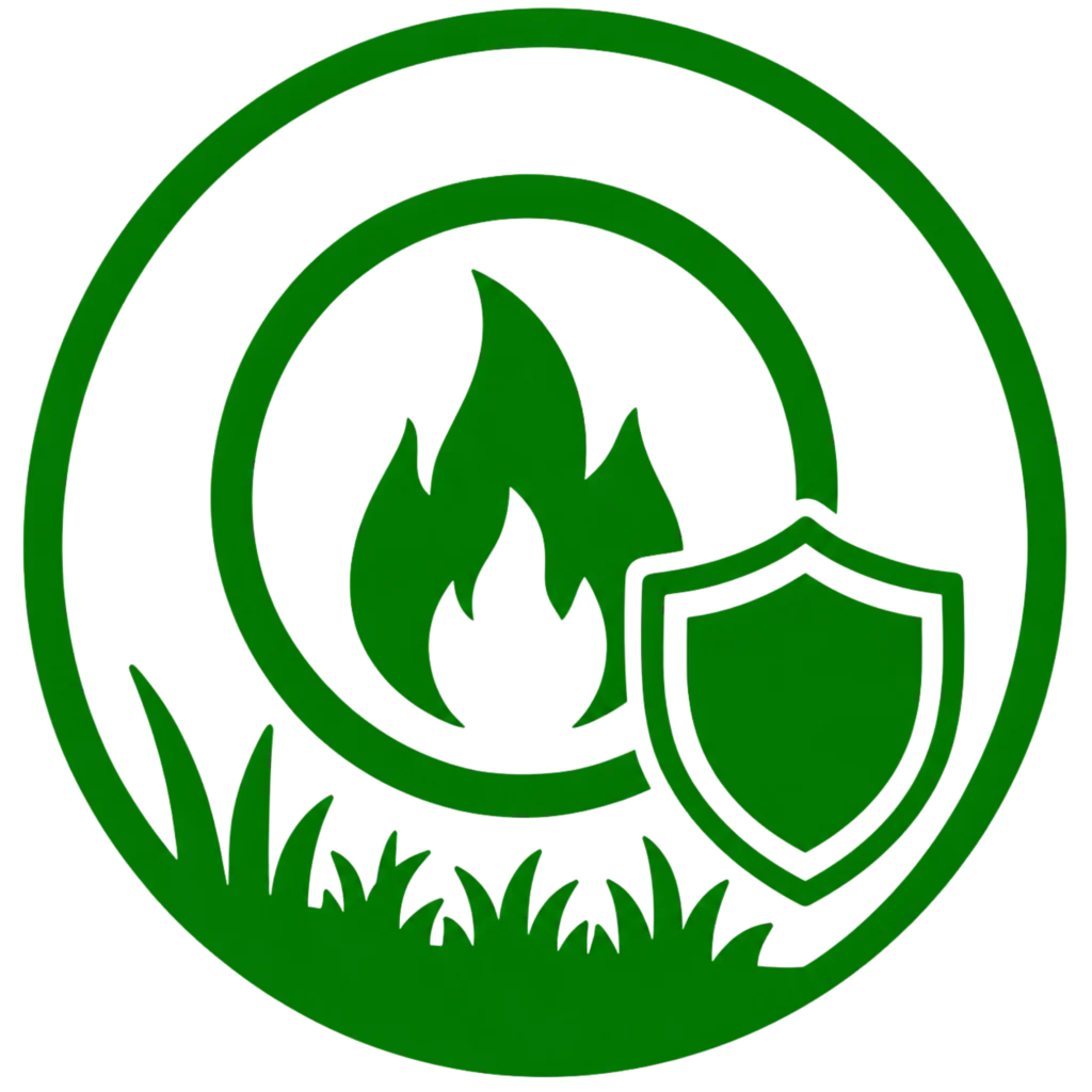 Green logo featuring a flame and grass, symbolizing reduced fire risk and environmental awareness.