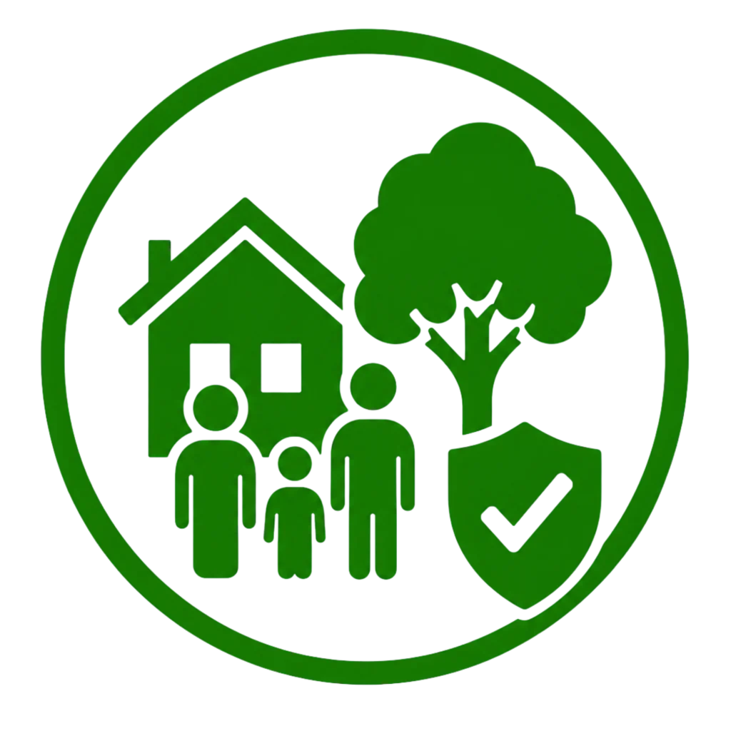 Green circle featuring a family standing beside a tree, symbolizing peace of mind and harmony in nature.