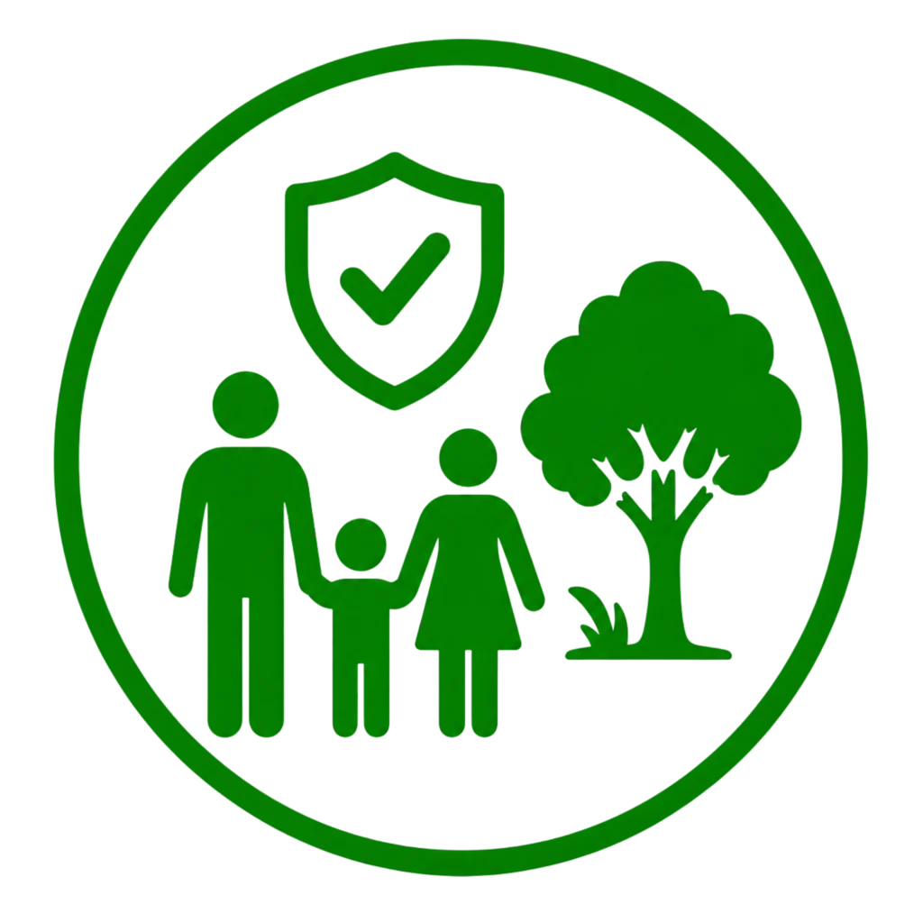 Green circle featuring a family standing together under a tree, symbolizing safety and peace during emergencies.