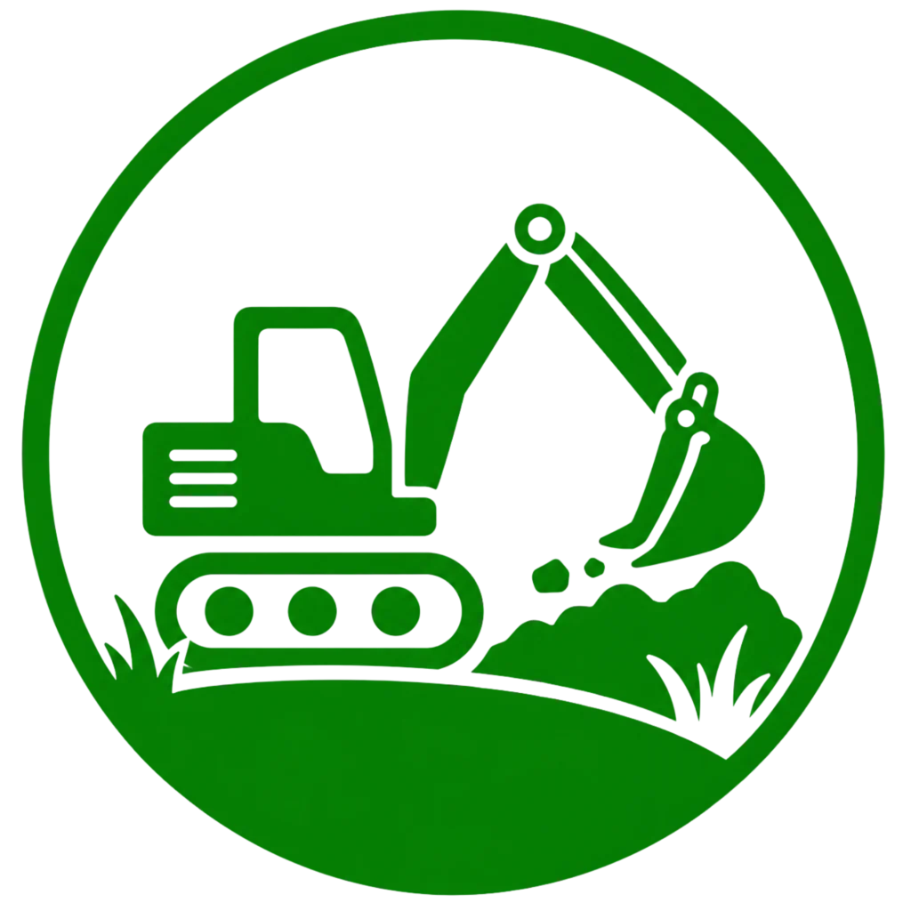 Green logo featuring an excavator, symbolizing land preparation for future construction projects.