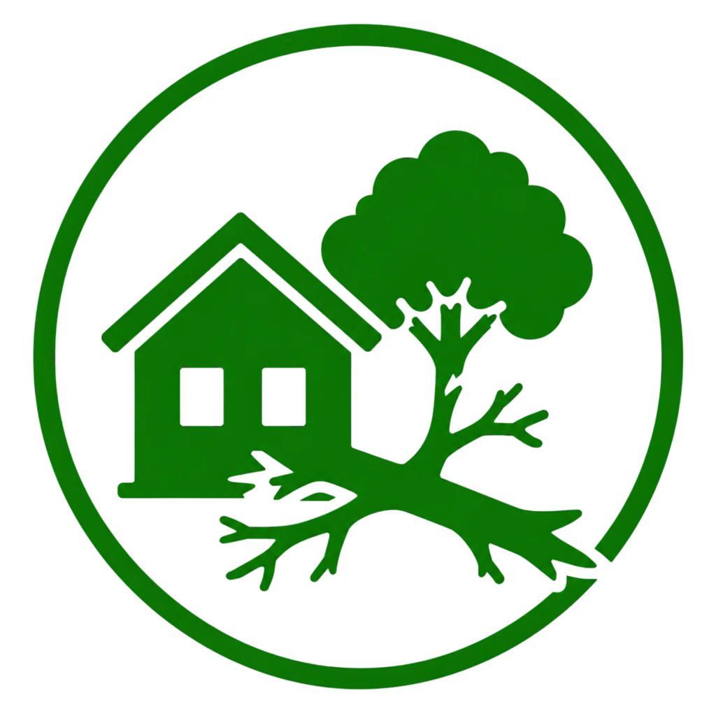 A green house surrounded by a tree, illustrating the importance of tree maintenance to prevent property damage.