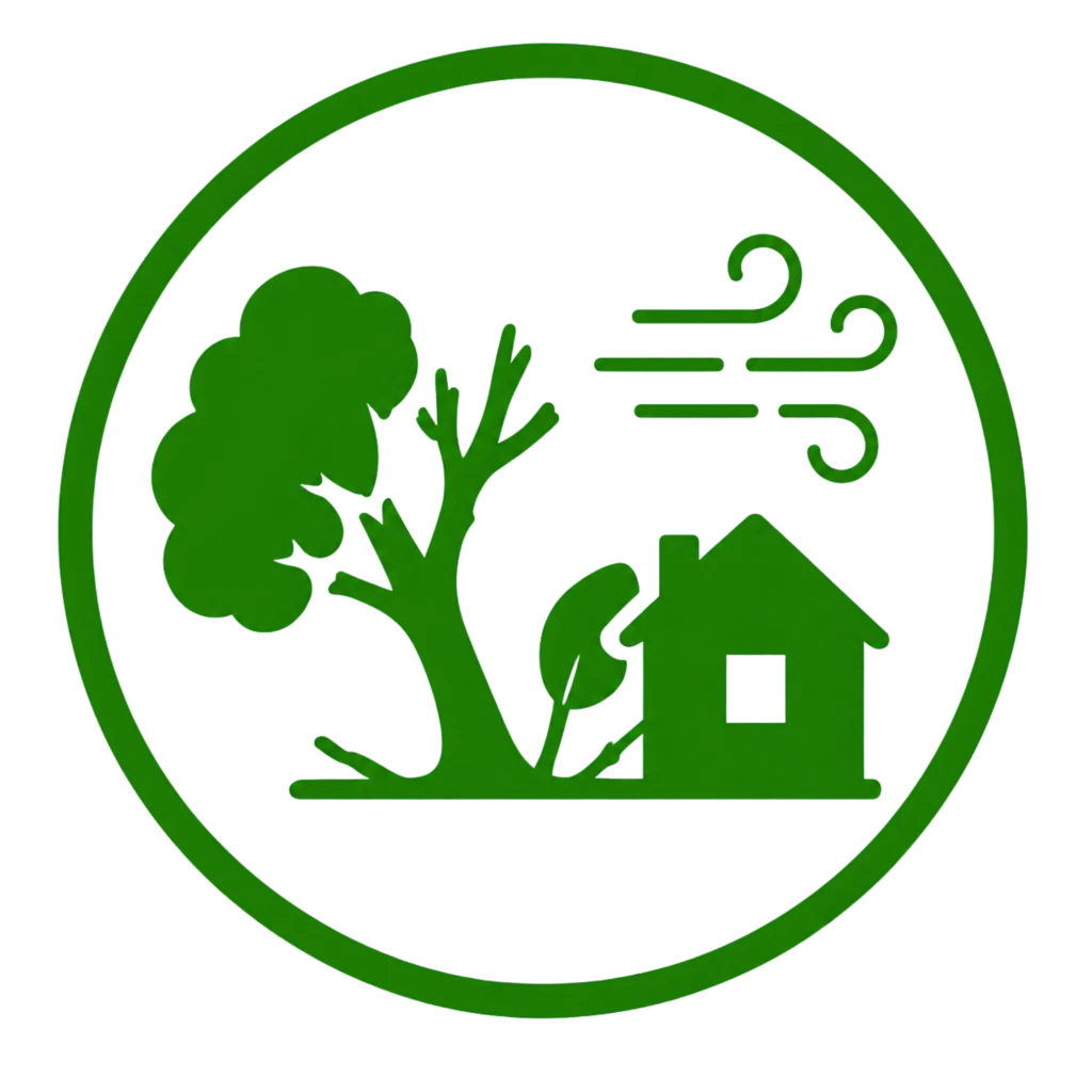 Green and white logo featuring a house and tree, symbolizing prevention of further property damage.