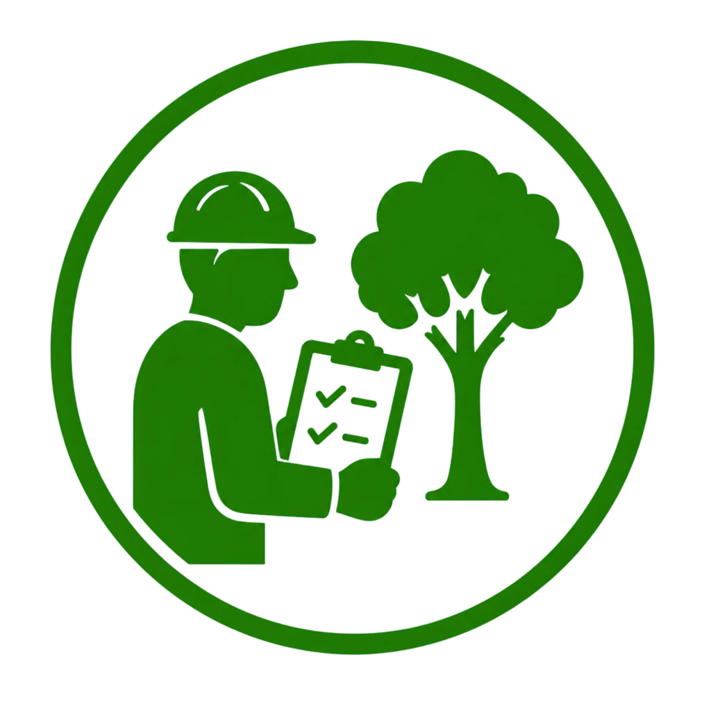 Green logo featuring a man with a clipboard standing next to a tree, symbolizing professional hazard assessment.