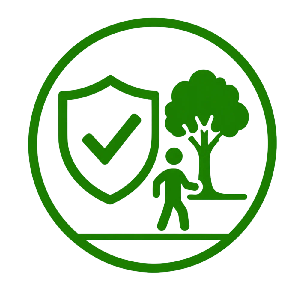 Green circle featuring a man walking beside a tree, symbolizing a commitment to a safer, eco-friendly environment.