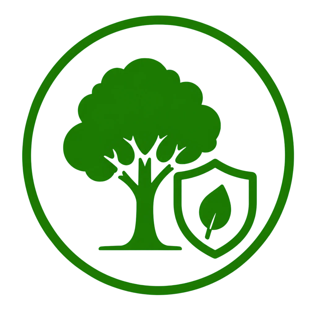 A green tree enclosed within a shield logo, symbolizing protection for healthy trees.