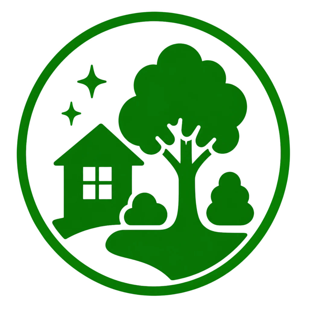 A green house and tree enclosed in a circular design, symbolizing the protection of valuable landscape investments.