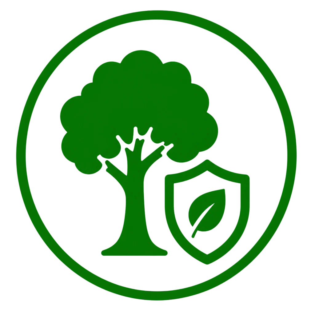 A green tree is depicted alongside a shield, symbolizing protection for valuable trees.