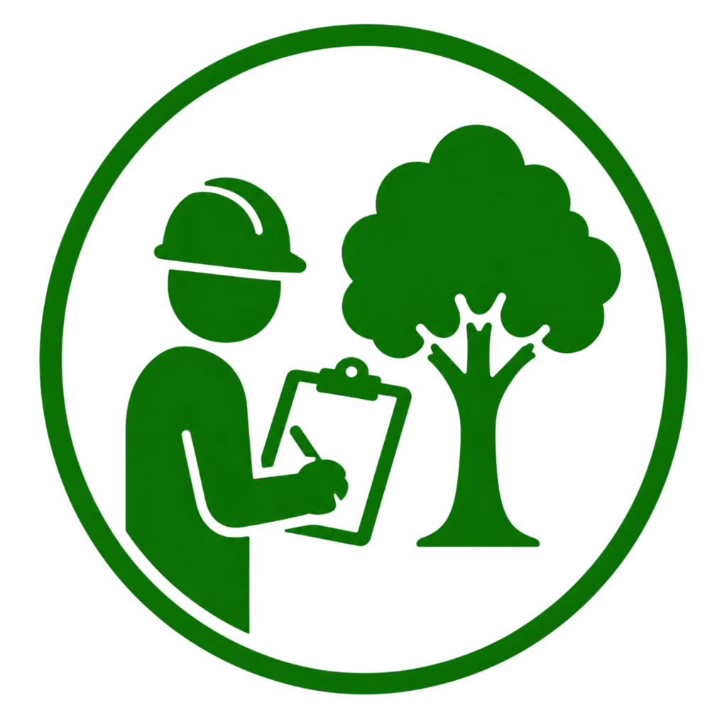 A green circle featuring a man with a clipboard standing next to a tree, symbolizing expert guidance in environmental matters.