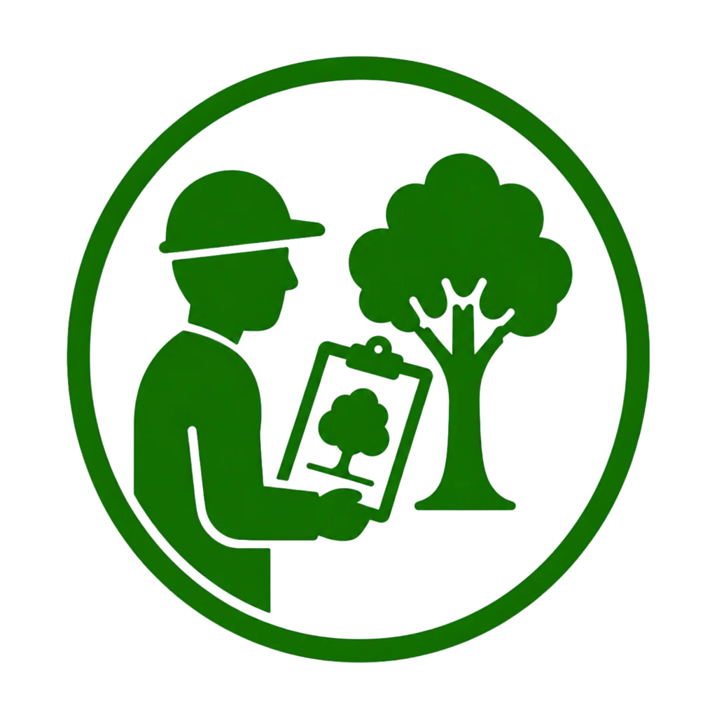 Logo featuring a man with a clipboard beside a tree, symbolizing expert tree care advice in green and white colors.
