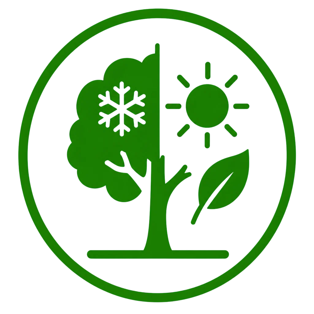 Green and white logo featuring a tree and sun, representing year-round property care services.
