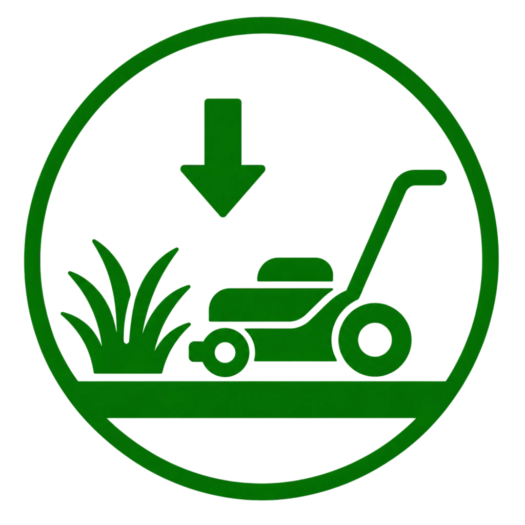 Green lawn mower with a downward arrow, symbolizing reduced long-term maintenance.