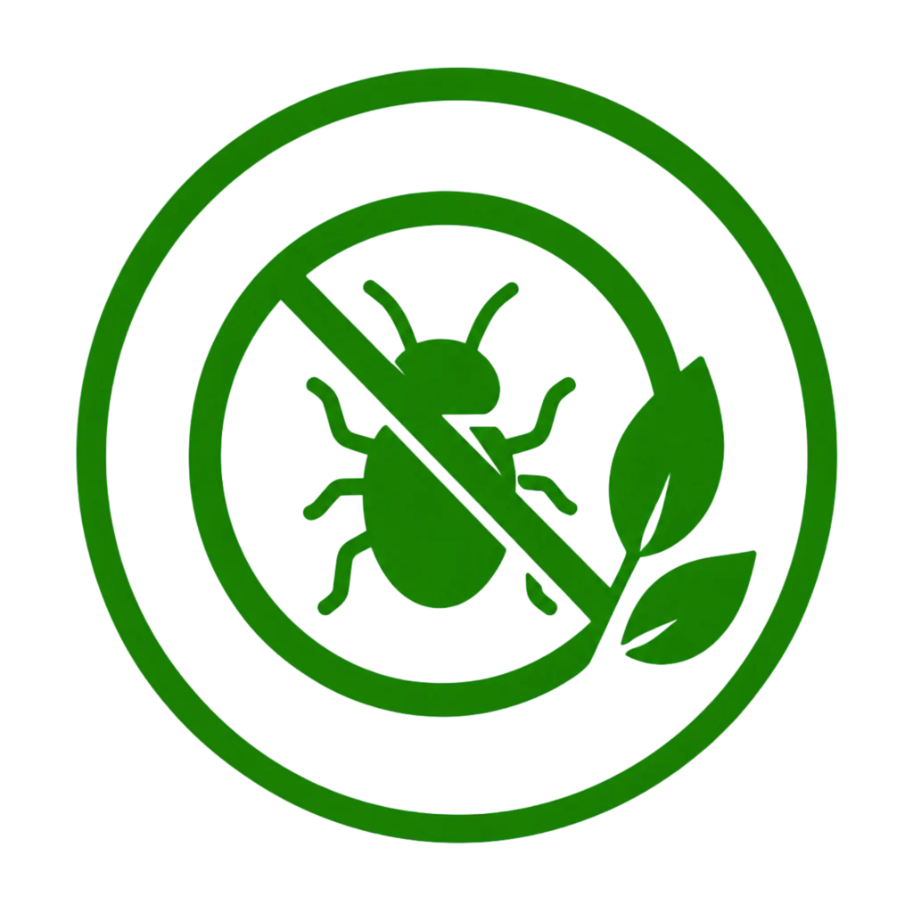 Green sign featuring a bug and leaf, indicating a reduction in pest activity.