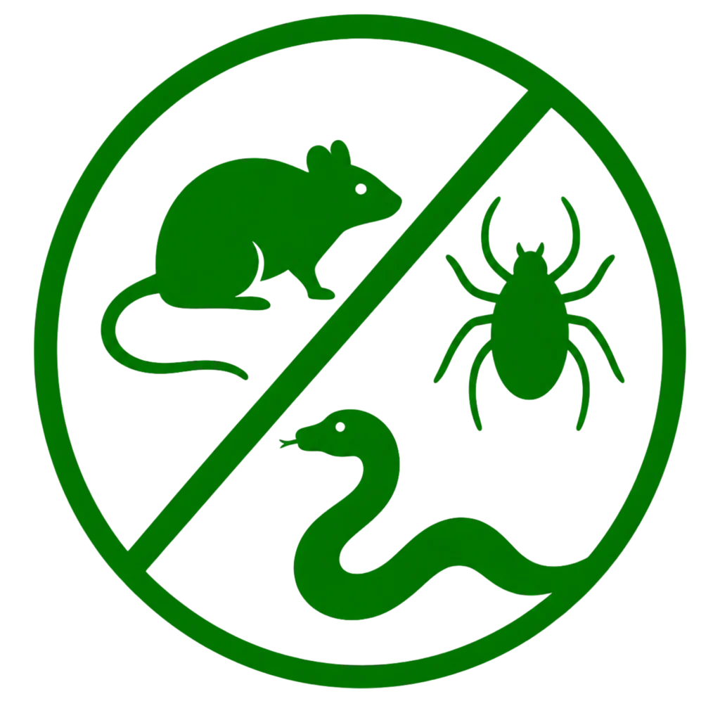 Green sign featuring illustrations of a mouse, rat, and spider, indicating reduced pest activity.