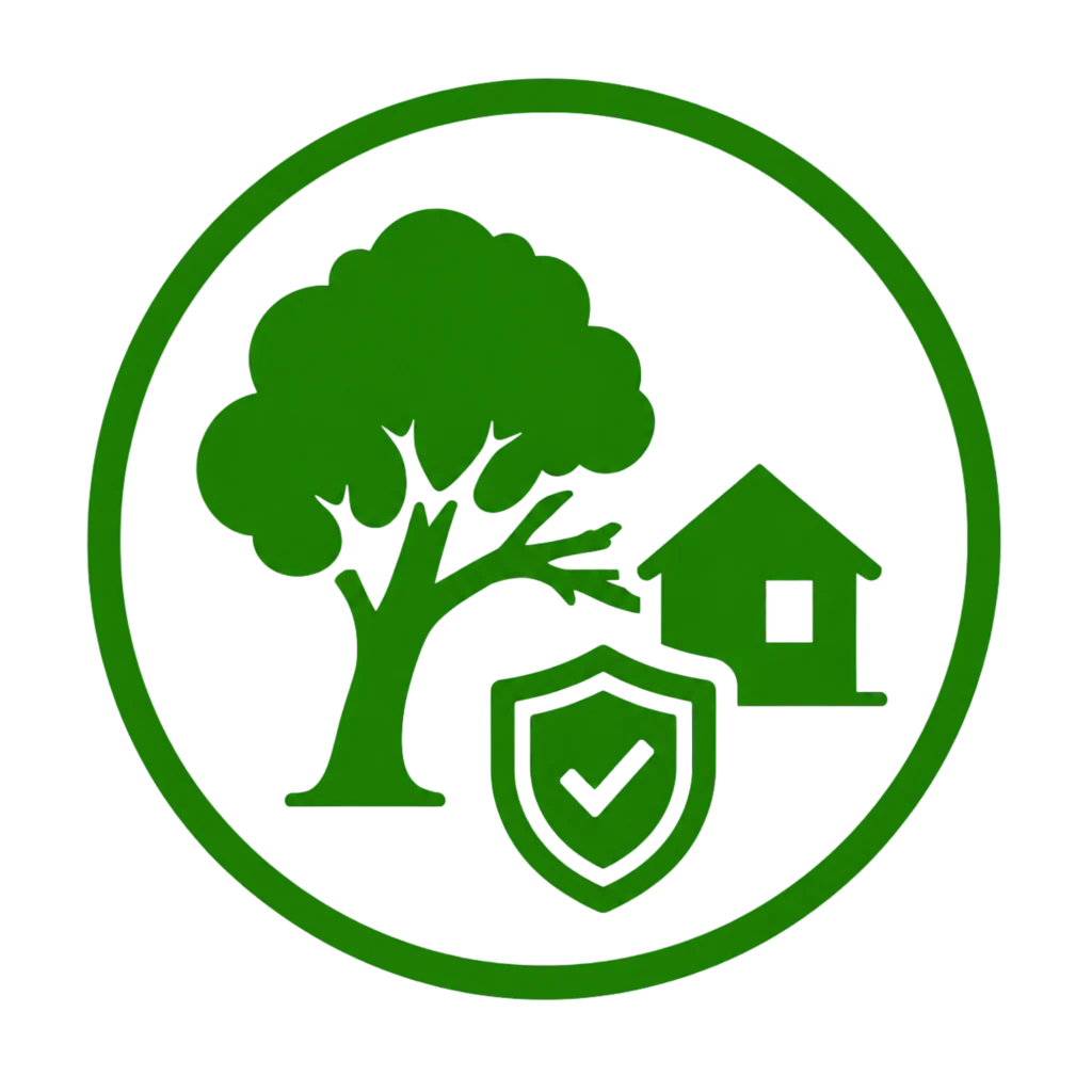 Green logo featuring a house and tree, symbolizing safety and restoration in a community setting.